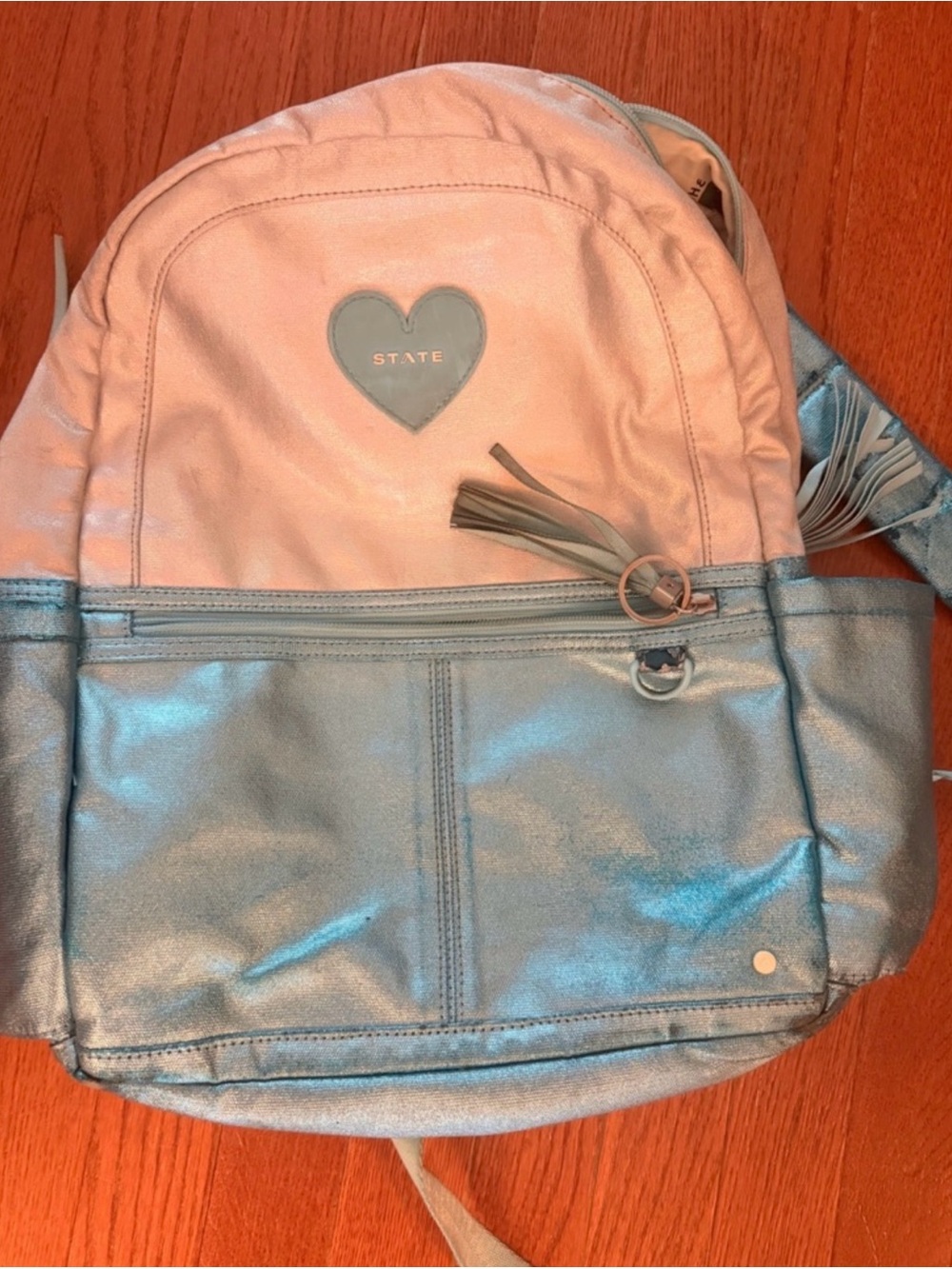 STATE Pink and Metallic Blue Heart Kids Backpack